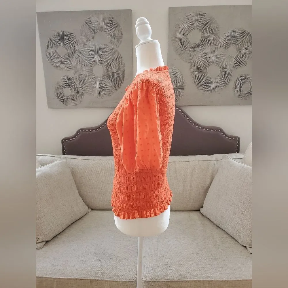 🦋 J.CREW 🦋 Puff-Sleeve Dot Textured Voile Smocked Top - [Small, Orange]